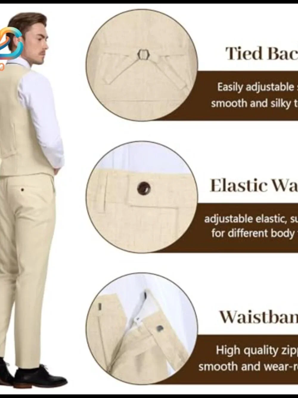Slim Fit Linen Suit 3-Piece Jacket Vest Pants Wedding Casual Business